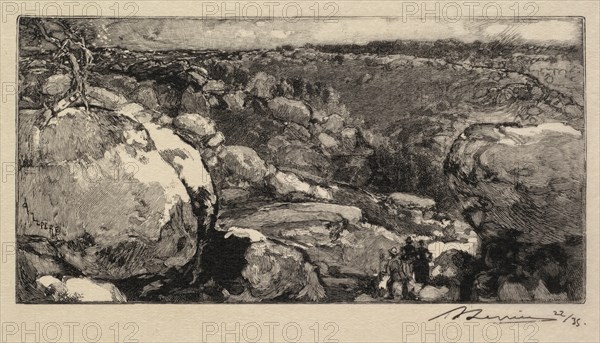 Fontainebleau Forest: The Cirque of Long-Rocher (La Forêt de Fontainebleau: Le cirque du Long-Rocher), 1888 (block engraved when reproduced in Revue Illustrée 1888), published 1908. Auguste Louis Lepère (French, 1849-1918), A. Desmoulins, Published in Revue Illustrée, 1887-90. Wood engraving from bound volume of 34 ; image: 8.1 x 16 cm (3 3/16 x 6 5/16 in.)