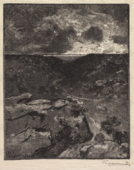 Fontainebleau Forest: Franchard Valley (La Forêt de Fontainebleau: La Vallée de Franchard), 1890. Auguste Louis Lepère (French, 1849-1918), A. Desmoulins, Published in Revue Illustrée, 1887-90. Wood engraving from bound volume of 34 ; image: 19.5 x 15.8 cm (7 11/16 x 6 1/4 in.)