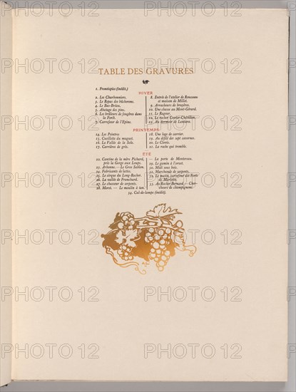 Fontainebleau Forest: Grapes, Cul-de-lampe (Table of Engravings) (La Forêt de Fontainebleau: Tables des Gravures), 1908. Auguste Louis Lepère (French, 1849-1918), A. Desmoulins, Paris. Color wood engraving, from bound volume with 34 wood engravings; sheet: 43.8 x 33 cm (17 1/4 x 13 in.); image: 8.4 x 11.4 cm (3 5/16 x 4 1/2 in.).