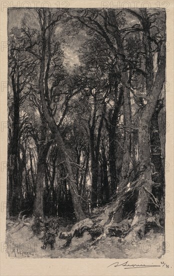 Fontainebleau Forest: Bas-Bréau (La Forêt de Fontainebleau: Le Bas-Bréau), 1890. Auguste Louis Lepère (French, 1849-1918), A. Desmoulins, Published in Revue Illustrée, 1887-90. Wood engraving from bound volume of 34 ; image: 5.9 x 10.2 cm (2 5/16 x 4 in.)