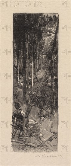 Fontainebleau Forest: Cutting of Pines (La Forêt de Fontainebleau: Abatage des pins), 1890. Auguste Louis Lepère (French, 1849-1918), A. Desmoulins, Published in Revue Illustrée, 1887-90. Wood engraving from bound volume of 34 ; sheet: 31.8 x 19.5 cm (12 1/2 x 7 11/16 in.); image: 20.7 x 7.2 cm (8 1/8 x 2 13/16 in.)