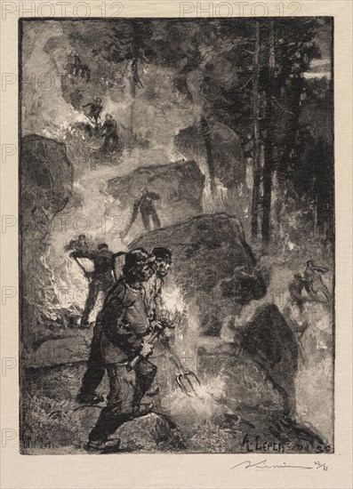 Fontainebleau Forest: Fern Burners (La Forêt de Fontainebleau: Les brûleurs de fougères), 1890. Auguste Louis Lepère (French, 1849-1918), A. Desmoulins, Published in Revue Illustrée, 1887-90. Wood engraving from bound volume of 34 ; image: 22.4 x 16.1 cm (8 13/16 x 6 5/16 in.).