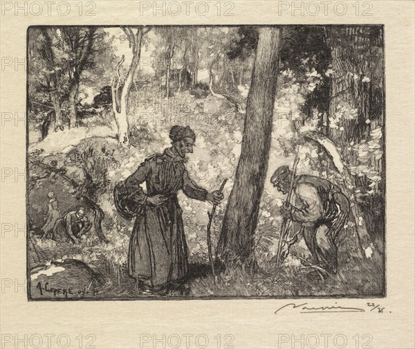 Fontainebleau Forest: Mushroom Hunters at the Rocher Bernard (La Forêt de Fontainebleau: Au rocher Bernard, chercheurs de champignons), 1890. Auguste Louis Lepère (French, 1849-1918), A. Desmoulins, Published in Revue Illustrée, 1887-90. Wood engraving from bound volume of 34 ; image: 10.1 x 13.3 cm (4 x 5 1/4 in.)