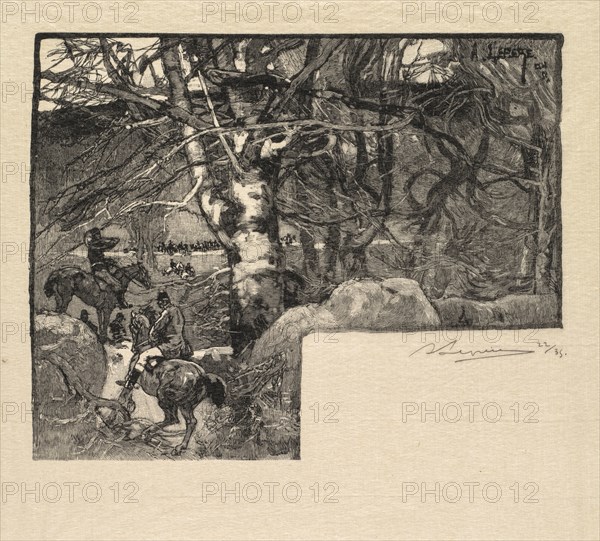 Fontainebleau Forest: Ride to the Hounds at Mont-Gérard (La Forêt de Fontainebleau: Une chasse au Mont-Gérard), 1890. Auguste Louis Lepère (French, 1849-1918), A. Desmoulins, Published in Revue Illustrée, 1887-90. Wood engraving from bound volume of 34 ; image: 12.7 x 15.9 cm (5 x 6 1/4 in.).