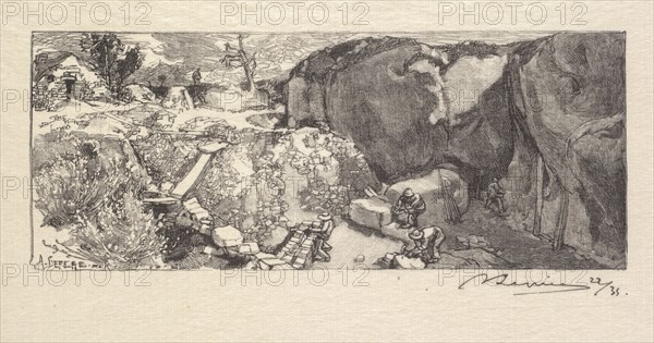 Fontainebleau Forest: Sandstone Quarry (La Forêt de Fontainebleau: La Carrièrre de Grès), 1890. Auguste Louis Lepère (French, 1849-1918), A. Desmoulins, Published in Revue Illustrée, 1887-90. Wood engraving from bound volume of 34 ; image: 6.1 x 5.1 cm (2 3/8 x 2 in.)