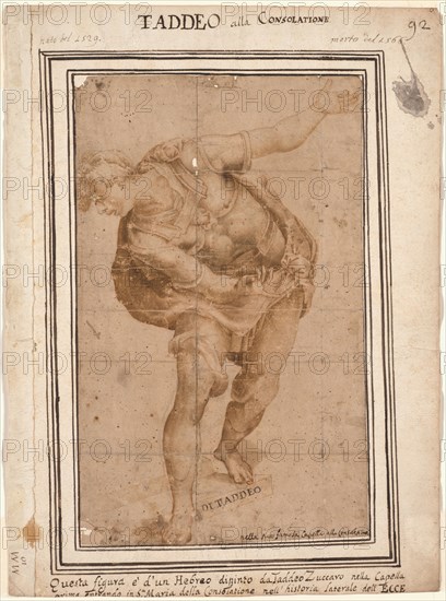 Un Hebreo, from Christ Shown to the People (recto), after 1556. After Taddeo Zuccaro (Italian, 1529-1566). Brown wash with outlining in pen and brown ink and red chalk, with traces of black chalk; sheet: 36.6 x 22.5 cm (14 7/16 x 8 7/8 in.); page: 46 x 34.1 cm (18 1/8 x 13 7/16 in.).