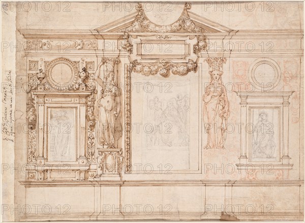 Design for a Wall Decoration with Pasted-in Sketches after Raphael (verso), c. 1580s-90s. Frederico Zuccaro (Italian, 1540/1-1609). Pen and brown ink with brown wash over red chalk and traces of pencil, the three pasted-in compositional sketches in black chalk laid down on an album sheet; sheet: 33.9 x 43.6 cm (13 3/8 x 17 3/16 in.); page: 34.1 x 46 cm (13 7/16 x 18 1/8 in.).