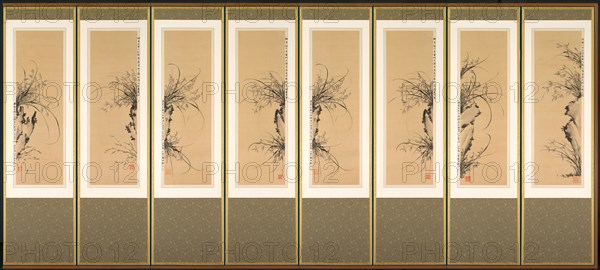 Orchids and Rocks, 1897-98. Yi Ha-eung (Korean, 1820-1898). Eight-panel folding screen; ink on silk; overall: 185 x 52.6 cm (72 13/16 x 20 11/16 in.); each panel: 111.9 x 1.5 cm (44 1/16 x 9/16 in.).