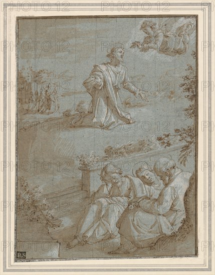The Agony in the Garden , c. 1591. Santi di Tito (Italian, 1536-1602). Pen and brown ink, brown wash, heightened with white gouache with traces of black chalk on hillside above stairs, squared in black chalk, on blue paper; within brown ink framing lines. Lined with cream wove paper; sheet: 20.2 x 15.1 cm (7 15/16 x 5 15/16 in.).