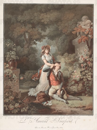The Lover Surprised (L'Amant Surpris), c. 1798. Charles-Melchior Descourtis (French, 1753-1820), after Frédéric Schall (French, 1752-1825). Wash manner etching and engraving printed in blue, red, yellow, and black inks; sheet: 57 x 45 cm (22 7/16 x 17 11/16 in.); to borderline: 46.5 x 37.5 cm (18 5/16 x 14 3/4 in.)