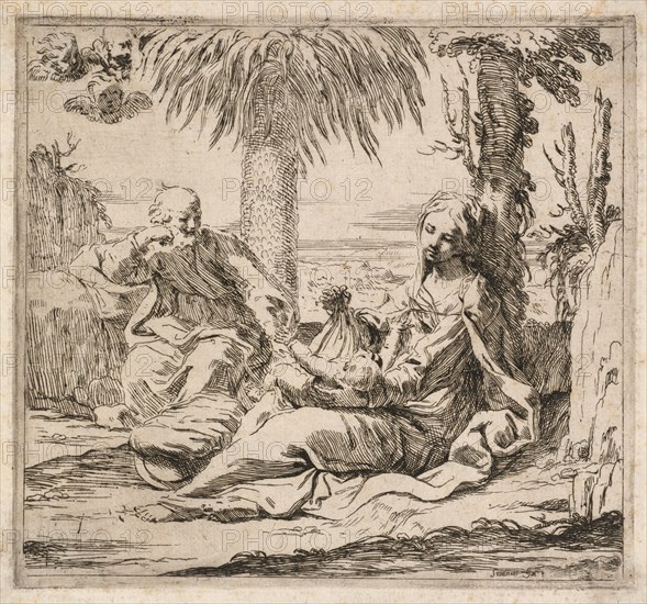 Rest on the Flight into Egypt. Elisabetta Sirani (Italian, 1638-1665). Etching and aquatint ; sheet: 18.4 x 20.8 cm (7 1/4 x 8 3/16 in.); platemark: 16.7 x 18.2 cm (6 9/16 x 7 3/16 in.).