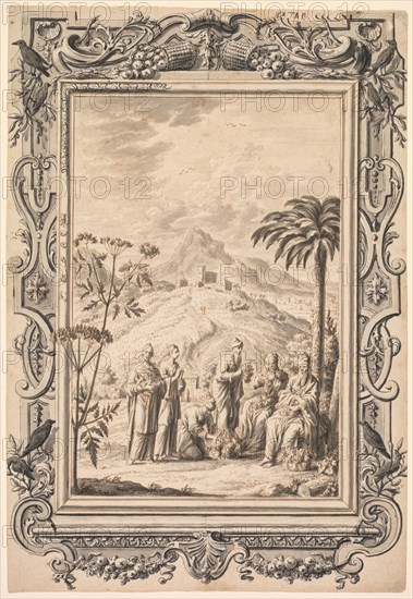 Illustration and Border Design for Kupfer-Bibel (Copper Bible) , c. 1730. Johan Melchior Füssli (Swiss, 1677-1736), Johann Daniel Preissler (German, 1666-1737), Johann Jacob Scheuchzer (Swiss, 1672-1733). Pen and brown ink and gray wash (illustration); pen and black ink and gray wash (border design); sheet: 29.5 x 20.2 cm (11 5/8 x 7 15/16 in.).