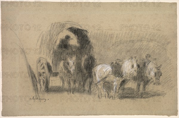 Un Chariot de farinier (A Miller's Carriage), c. 1895. Albert Charles Lebourg (French, 1849-1928). Black and white chalk with stumping ; sheet: 33.2 x 49.7 cm (13 1/16 x 19 9/16 in.).