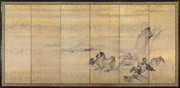 Summer and Winter Landscapes, 1600s. Kano Naonobu (Japanese, 1607-1650). Pair of six-panel folding screens; ink on gold- and silver-decorated paper; framed: 154.7 x 331.2 cm (60 7/8 x 130 3/8 in.).