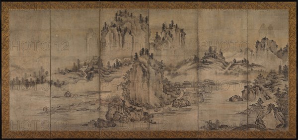 Landscape, second half of the 1500s. Japan, Muromachi period (1392-1573). One of a pair of six-panel folding screens; ink and color on paper; overall: 168.8 x 358.8 cm (66 7/16 x 141 1/4 in.); painting only: 148.9 x 338.3 cm (58 5/8 x 133 3/16 in.).