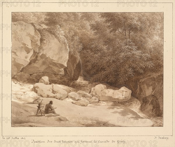 Jonction des deux torrents qui forment la Cascade de Grésy, 1814. Jean-Baptiste Isabey (French, 1767-1855). Brown wash with scraping; borders in black ink; sheet: 20.4 x 25.8 cm (8 1/16 x 10 3/16 in.).