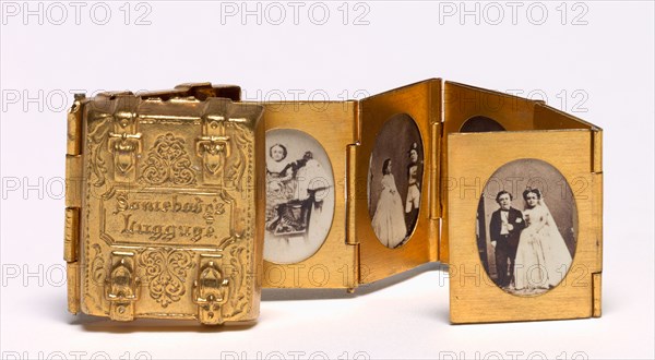 Somebody's Luggage (Miniature Wedding Album of Tom Thumb and Lavinia Warren), c. 1863. Mathew Brady (American, 1823-1896). Brass photographic locket with 12 miniature albumen prints; overall: 2.7 x 2 x 1 cm (1 1/16 x 13/16 x 3/8 in.); each: 2.3 x 2 cm (7/8 x 13/16 in.)