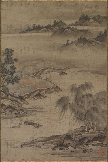 Farming and Herding Buffalo in Summer, mid- to late 1500s. Kano Joshin (Hideyori) (Japanese, active c. 1540). Hanging scroll; ink and light color on paper; mounted: 137.5 x 47.3 cm (54 1/8 x 18 5/8 in.).