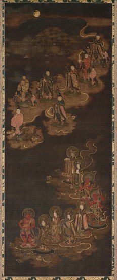 Descent of the Nine Luminaries and the Seven Stars at Kasuga, 1300s. Japan, Nanbokucho period (1336-1392), 1336-1392. Hanging scroll; ink, color, gold and cut gold on silk; mounted: 184.5 x 58.5 cm (72 5/8 x 23 1/16 in.); painting only: 106 x 42 cm (41 3/4 x 16 9/16 in.); with knobs: 184.5 x 63.5 cm (72 5/8 x 25 in.).