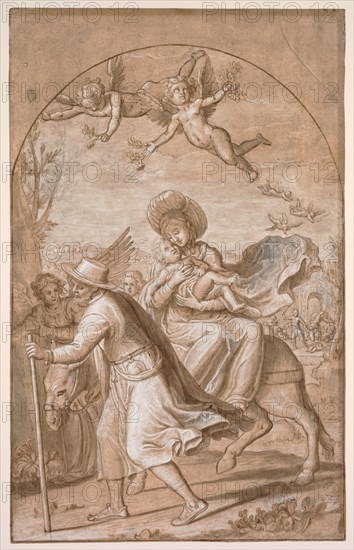 The Flight into Egypt, c. 1590. Gregorio Pagani (Italian, 1558-1605). Pen and brown ink and wash, heightened with white, over black chalk, on beige paper; sheet: 39.9 x 25 cm (15 11/16 x 9 13/16 in.).
