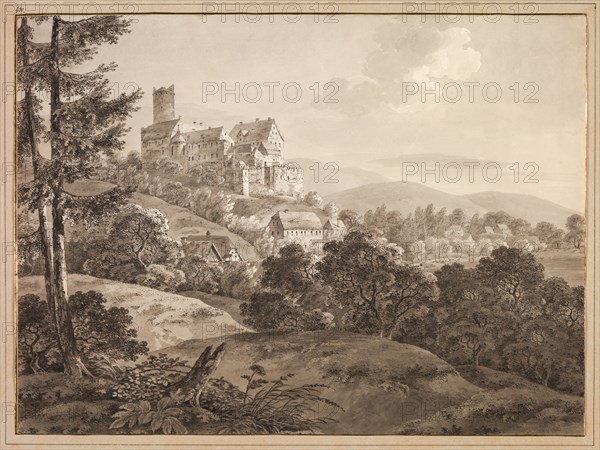 View of the Castle Gnandstein, c. 1795. Adrian Zingg (Swiss, 1734-1816). Grey wash and black ink (applied with pen and point-of-brush) with brown ink and traces of graphite underdrawing; sheet: 38.5 x 52.3 cm (15 3/16 x 20 9/16 in.); mounted: 47.2 x 63.2 cm (18 9/16 x 24 7/8 in.).