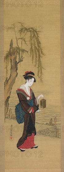 Beauty with Fireflies, early 1800s. After Kubo Shunman (1757-1820). Hanging scroll; ink and color on silk (ivory roller ends); mounted: 181.5 x 45.6 cm (71 7/16 x 17 15/16 in.); painting: 95.6 x 33.2 cm (37 5/8 x 13 1/16 in.).