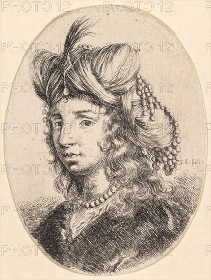 Several heads in the Persian style: Portrait, Sultana Wearing a Pearl Necklace and a Turban (Plusieurs têtes coiffées à la persienne), 1649-50. Stefano Della Bella (Italian, 1610-1664). Etching