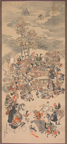 Parinirvana with Otsu-e Subjects, 1800s. Hakuen (Japanese). Hanging scroll, ink and color on paper; overall: 201.9 x 78.7 cm (79 1/2 x 31 in.).