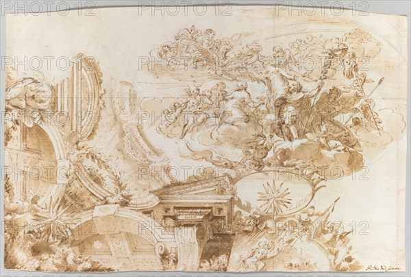 The Apotheosis of Romulus: Design for a Ceiling, c. 1675-76. Domenico Maria Canuti (Italian, 1625-1684). Black chalk, pen and brown ink, brown wash, heightened with white, with perspectival indications; sheet: 24 x 37.7 cm (9 7/16 x 14 13/16 in.).