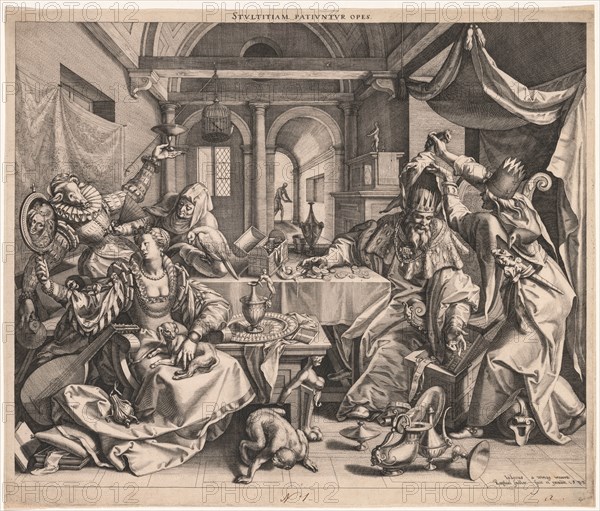 Stultitiam patiuntur opes (Wealth permits Stupidity), or, Allegory of Wealth, Lust, and Stupidity, 1588. Raphael Sadeler (Flemish, 1560/61-1628/32), after Joos Van Winghe (Flemish, 1544-1603). Engraving; sheet: 31.4 x 37.1 cm (12 3/8 x 14 5/8 in.); image: 29.2 x 35.8 cm (11 1/2 x 14 1/8 in.).