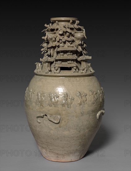 Funerary Urn (Hunping) with Figures, Pavilions, and Birds, 265-316. China, Western Jin dynasty (265-316). Glazed stoneware with molded and sculpted decoration; overall: 53 x 30 cm (20 7/8 x 11 13/16 in.).