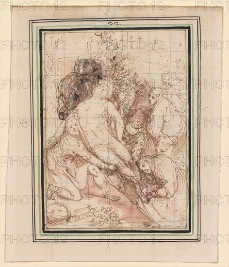 The Entombment, ca. 1596. Giovanni de' Vecchi (Italian, 1536-1615). Pen and brown ink, purple wash, over traces of lead point or graphite; squared in lead point or graphite; sheet: 20.2 x 14.7 cm (7 15/16 x 5 13/16 in.); secondary support: 25.7 x 21.3 cm (10 1/8 x 8 3/8 in.).