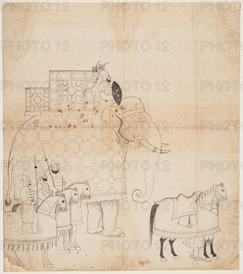 A drawing of Caparisoned Elephant and Horses, c. 1760. India, Jammu. miniature: 41 x 36.2 cm (16 1/8 x 14 1/4 in.).