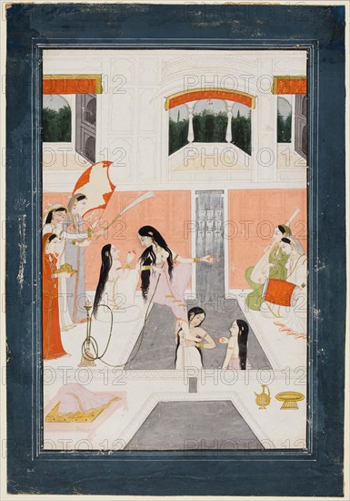 A lady at her toilette listens to music by the side of a palace water cascade, c. 1780. Northern India, Himachal Pradesh, Guler. Color on paper; page: 29.9 x 20.7 cm (11 3/4 x 8 1/8 in.); miniature: 24.2 x 15.9 cm (9 1/2 x 6 1/4 in.).