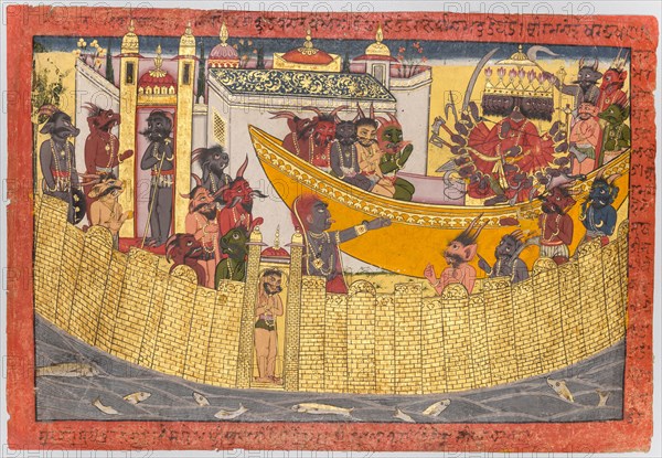 Ravana’s sister complains that her nose was cut off by Lakshmana as the demons prepare to depart to capture Sita, from the “Shangri” Ramayana, 1690-1710. Northern India, Himachal Pradesh, Pahari Kingdom. Opaque watercolor, ink, and gold on paper; page: 21.6 x 31.8 cm (8 1/2 x 12 1/2 in.); miniature: 18.4 x 28.9 cm (7 1/4 x 11 3/8 in.).