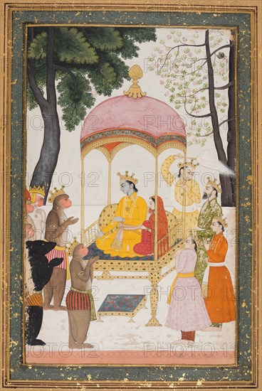Enthroned Rama and Sita receive homage from their monkey and bear allies, c. 1765. Northern India, Himachal Pradesh, Pahari Kingdom of Nurpur. Opaque watercolor and gold on paper; page: 40 x 28.6 cm (15 3/4 x 11 1/4 in.); miniature: 23.7 x 15 cm (9 5/16 x 5 7/8 in.).