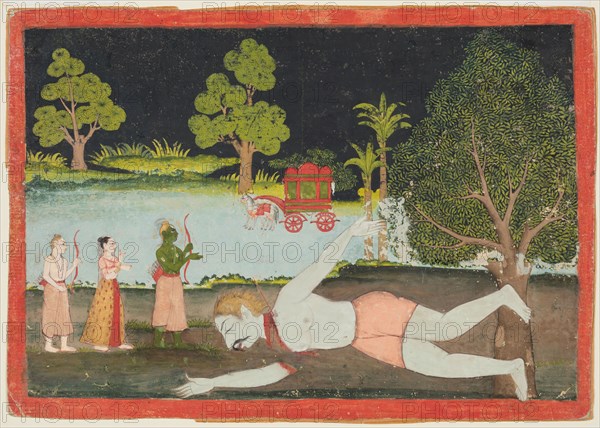 A page from a Ramayana: Rama, Lakshman and Sita before a slain giant, c. 1770. India, Datia. Color on paper; page: 21 x 29.8 cm (8 1/4 x 11 3/4 in.); miniature: 19 x 28 cm (7 1/2 x 11 in.).