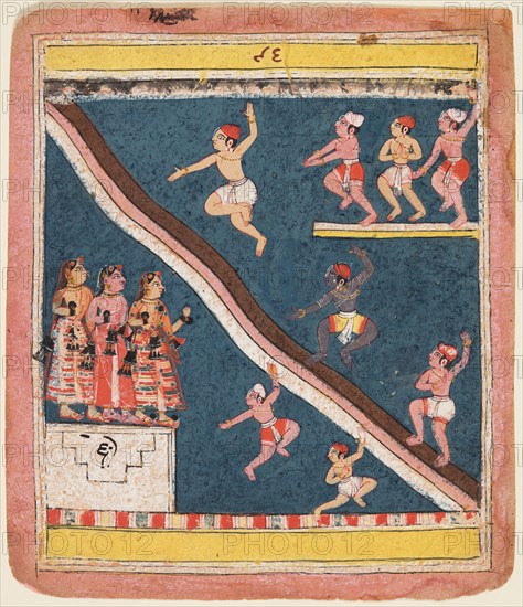 A page from Rasikapriya of Kesava Das: Krishna and the Gopas Dive into a pond, c. 1640. Central India, Malwa. Color on paper; page: 20.6 x 17.8 cm (8 1/8 x 7 in.).