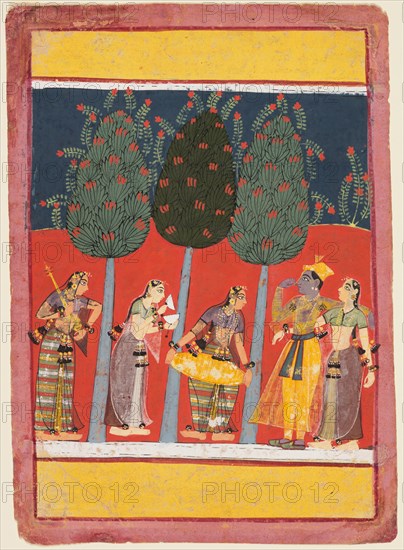 A page from a Rasikapriya series: Krishna and Radha and the Sakhis with musical instruments, c. 1650. Central India, Malwa. Color on paper; page: 22.9 x 16.2 cm (9 x 6 3/8 in.).