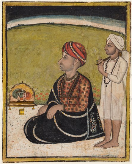 Noble seated on an outdoor parapet worshiping a shrine of Krishna fluting, c. 1800. India, Madhya Pradesh, Gwalior ?. Color on paper; 25.1 x 20 cm (9 7/8 x 7 7/8 in.).
