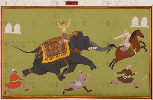 Jai Singh’s elephant Pakhrao, gone amuck and catches a horse by the tail, c. 1680. India, Rajasthan, Mewar school. Color on paper; page: 31.1 x 49.2 cm (12 1/4 x 19 3/8 in.); miniature: 27 x 45.4 cm (10 5/8 x 17 7/8 in.).