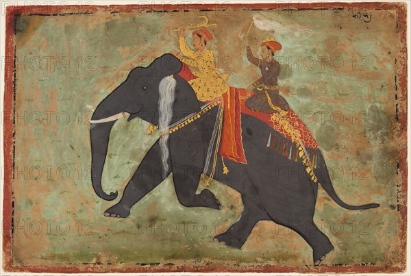 Prince Amar Singh as his own Mahout riding an Elephant, c. 1695. Attributed to Mewar Stipple Master (Indian). Color on paper; page: 26.8 x 40 cm (10 9/16 x 15 3/4 in.).