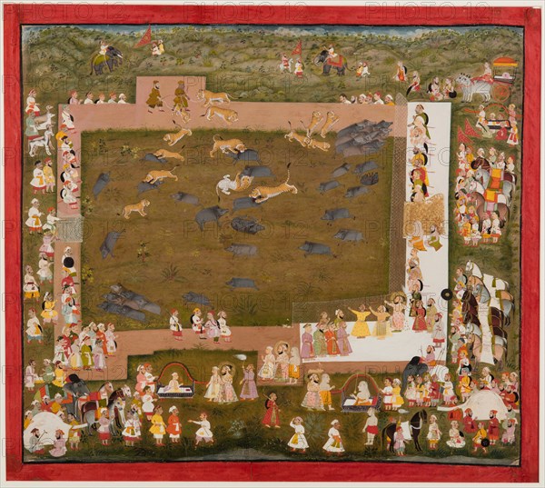 Maharaja Sangram Singh and his court observe a fight between tigers and boars at Sadri, c. 1720. India, Rajasthan, Mewar school. Color on paper; painting: 48.3 x 53.4 cm (19 x 21 in.).