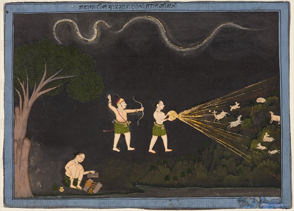 Maharana Jagat Singh dressed as a Bhil, hunting deer at night, c. 1735-40. India, Rajasthan, Mewar school. Color on paper; page: 17.2 x 24.8 cm (6 3/4 x 9 3/4 in.).