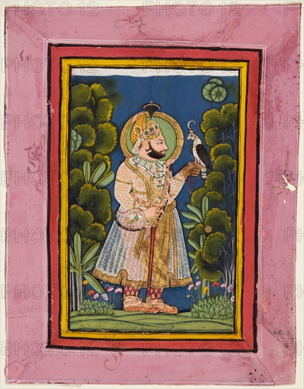 Maharana Jawan Singh (r. 1828-38) in a forest holding a hawk, c. 1835. Possibly by Ghasi (Indian, active c. 1820-36). Color on paper; page: 31.2 x 23.9 cm (12 5/16 x 9 7/16 in.); painting: 21.6 x 13.8 cm (8 1/2 x 5 7/16 in.).