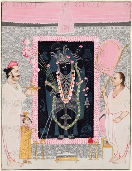 The head priest (Tilakayat) Govardhanlalji makes offerings to Shri Nathji in celebration of the flower festival (phulasajya) or Spring festival (Gulabi Gangaur), c. 1890. Attributed to Ghasiram Hardev Sharma (Indian, 1866-1930). Color on paper; page: 28.6 x 21.9 cm (11 1/4 x 8 5/8 in.).