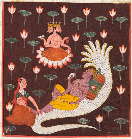Vishnu on Ananta, the Endless Serpent, c. 1700. Northern India, Himachal Pradesh, Pahari Kingdom of Chamba. Opaque watercolor on paper; page: 17.8 x 17.1 cm (7 x 6 3/4 in.).