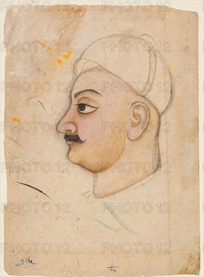 Drawing of a mans head with an unusual turban, c. 1780. Northwestern India, Rajasthan, Kishangarh. Color on paper; miniature: 22.6 x 16.5 cm (8 7/8 x 6 1/2 in.).