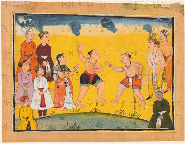 A page from the Mahabharata: Bhima fighting with Jayadratha, c. 1615. India, Popular Mughal School, probably done at Bikaner. Color on paper; page: 14.6 x 19.4 cm (5 3/4 x 7 5/8 in.); miniature: 11.2 x 16.5 cm (4 7/16 x 6 1/2 in.).
