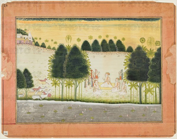 Page from a Bhagavata Purana:  Nanda and the elders in council with the gopas, c. 1690-1700. Northwestern India, Rajasthan, Bikaner. Color on paper; page: 30 x 38 cm (11 13/16 x 14 15/16 in.); miniature: 22.5 x 31.1 cm (8 7/8 x 12 1/4 in.).
